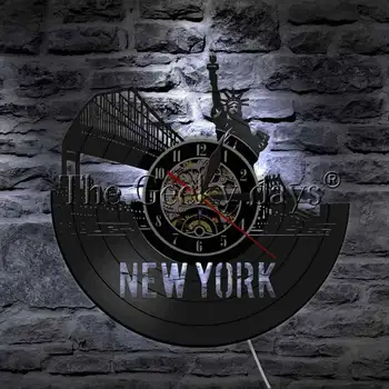 Niujorko Dangoraižį Vinilo Įrašas Sieninis Laikrodis JAV miesto panoramos Sieninis Laikrodis Modernus Dizainas, Sienų Dekoras Bruklino Tiltas NYC Manhattan Žiūrėti