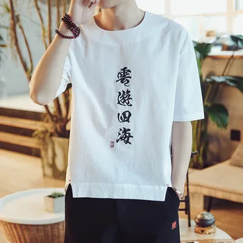 Vasaros Kinų stiliaus patalynė trumpas rankovėmis T-shirt vyrai jaunimo siuvinėjimo nacionalinės stiliaus Tang kostiumas vyriški T-shirt