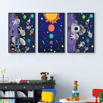 Berniukai Vaikams Vaikų Darželio Sienos Meno Tapybos Drobės Astronautas Kosmoso Planetos Spaudinių Skandinavijos Plakatai Šiaurės Kūdikio Miegamojo Puošmena