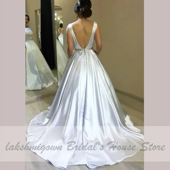 Lakshmigown White Satin Nuotakos Suknelė Santuokos su Kišenėmis Seksualus Backless Vestuvių Suknelės Rankovių Vistido de Casamento 2020 m.