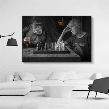 Beždžionė Žaidžia Šachmatais Kūrybos Paveikslų Spausdinimas ant Drobės Meno Plakatų ir grafika Juoda Ir Balta Gyvūnų Meno Nuotraukas Cuadros