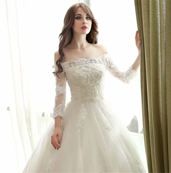Elegantiškas Nėrinių Kamuolys Suknelė Valtis Kaklo Princesė Ilgai Vestuvės Dress Užsakymą Plius Dydis
