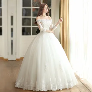 Elegantiškas Nėrinių Kamuolys Suknelė Valtis Kaklo Princesė Ilgai Vestuvės Dress Užsakymą Plius Dydis