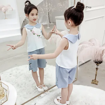 2019 m. Vasarą Mielas Kūdikis Mergaičių Kinų stiliaus Siuvinėjimų Gėlių Dizaino T-shirt Viršūnes+Šortai Tinka Atsitiktinis Komplektus, Rinkinius, Mielas 2VNT