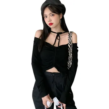 Rudenį Trumpas Stiliaus Poveikio Bamba Moteris Tshirts Korėjos Stiliaus Mados Seksualus Slim Vienas-Line Kaklo Nėrinių Apynasrio Long Sleeve Top Marškinėliai