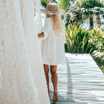 Seksualus Tuščiaviduriai Iš Giliai V-kaklo Pasukti Žemyn Apykaklės ilgomis Rankovėmis Mini Suknelė Baltos Medvilnės Tunika Moterų Plius Dydis Vasaros Paplūdimio Suknelė Q1082