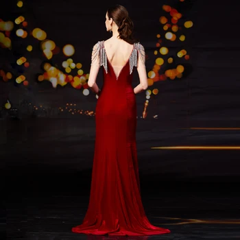 Aukštos klasės priimančiosios raudonos aksomo suknelė moteriška nauja temperamentas kutas, paprastas ir elegantiškas metinis susitikimas seksualus princesė iškirpti žuvies uodega suknelė