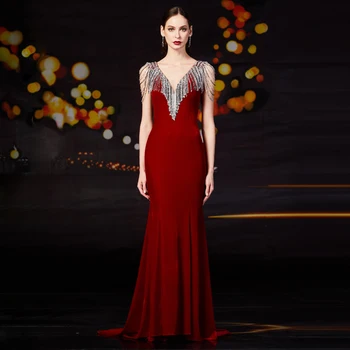 Aukštos klasės priimančiosios raudonos aksomo suknelė moteriška nauja temperamentas kutas, paprastas ir elegantiškas metinis susitikimas seksualus princesė iškirpti žuvies uodega suknelė
