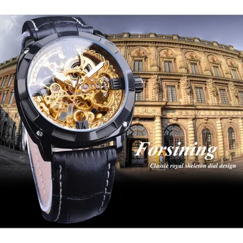 Forsining Royal Black Auksinis Laikrodis Skaidrus Atveju Mados Juoda natūralios Odos Juostos Šviesos Rankas Automatinis Laikrodžiai Vyrams