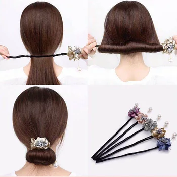 1PC Moterims Gėlių Spurgos Twist Lankelis Magija Bun Maker Mergina Saldus Gėlių Mergaičių Plaukų Aksesuarai Hairband 