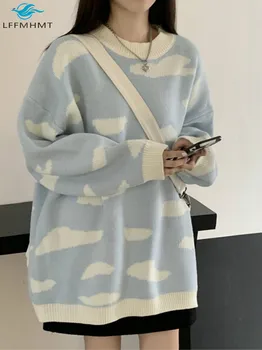 Moteris Rudens-Žiemos Ilgomis Rankovėmis Apvalios Kaklo Prarasti Atsitiktinis Japonija Stiliaus Megztinis Megztinis Moteriška Spausdinimo Iš Debesies Laukinių Saldus Trikotažas Viršūnės