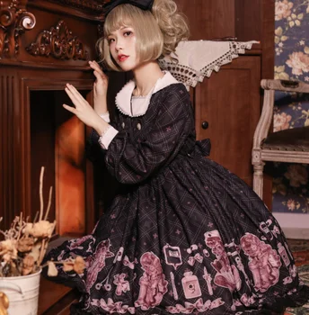 Tamsiai stiliaus Japonų Saldus Lolita op Suknelė Vidurio juosmens nėrinių Pynimas rūmai derliaus preppy stilius kawaii Victoria lolita dress