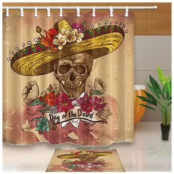 Meksikoje Mirusiųjų Dieną Kaukolė Iš Sombrero Su Gėlėmis Audinio Dušo Užuolaidos