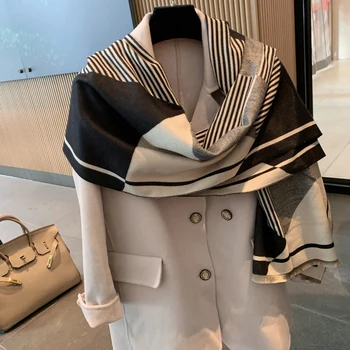 2021 žiemą šiltas šalikas moteris, ekstravagantiškas sustorėjimas šiltas rudens dryžuotieji geometrinis imitacija kašmyras scarvesfor moterims