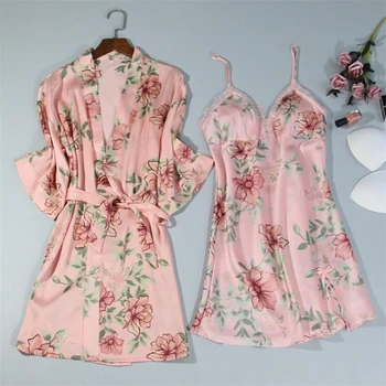Moterų Nėriniai Satino Sleepwear Kostiumas Pižamos Pajama 4Pcs Nustatyti Pavasario Gėlių Spausdinti naktiniai drabužiai Laisvalaikio Namuose Dėvėti Kimono Vonia Suknelė