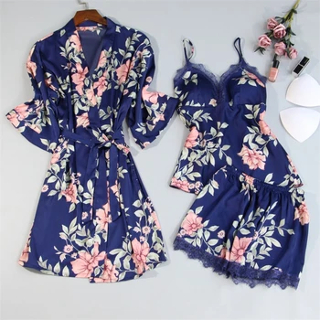 Moterų Nėriniai Satino Sleepwear Kostiumas Pižamos Pajama 4Pcs Nustatyti Pavasario Gėlių Spausdinti naktiniai drabužiai Laisvalaikio Namuose Dėvėti Kimono Vonia Suknelė