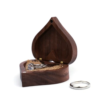 Širdies Formos Riešutmedžio Medienos Žiedas Lange Pasiūlymas Vestuvinis Žiedas Turėtojas Aksomo Minkštos Vidaus Reikalų Papuošalai, Žiedas, Auskarai Medinėje Dėžutėje
