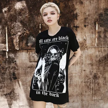 Moterų Prarasti Black marškinėliai 2021 Gotikos cool Punk Harajuku Kaukolė Peinted T-shirts Halloween Party Ilgai Viršūnes Moterų marškinėliai