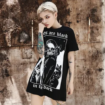 Moterų Prarasti Black marškinėliai 2021 Gotikos cool Punk Harajuku Kaukolė Peinted T-shirts Halloween Party Ilgai Viršūnes Moterų marškinėliai