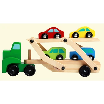 Automobilių Vežėjas Sunkvežimių ir lengvųjų Automobilių Medinių Žaislų Rinkinys su 1 Sunkvežimio ir 4 Automobiliai Mediniai Dvigubi Žaislas Sunkvežimis