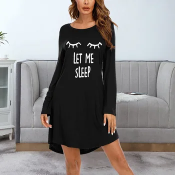 2021 Moterų Laišką Nightgowns Ir Sleepshirts Sleepwear Mielas Miego Marškinėliai Spausdinami Naktį Suknelė Ilgomis Rankovėmis Laisvi, Naktiniai Drabužiai