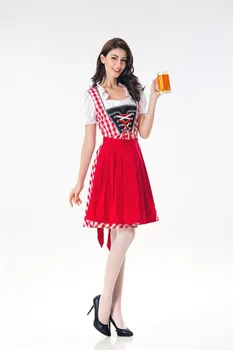 Vokietijos Oktoberfest Alaus Mergina Kostiumas Moterims Bavarijos Tradicinių Nacionalinių Kostiumų Baro Padavėja Raudona Medvilnės Languota Suknelė