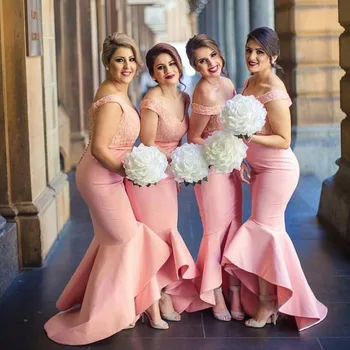 Apsvaiginimo Off Peties Rožinė Bridesmaid Dresses 2020 M., Aukštas, Žemas, Ilgas, Nėriniai Undinė Vestuvių Svečių Suknelės Oficialią Šalies Chalatai