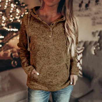 Moterų hoodie džemperis paprasta vientisos spalvos apykaklės mygtuką kišenė su gobtuvu raišteliu megztinis žiemos drabužių толстовка женская 50*