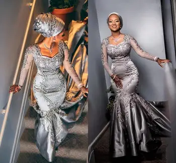 Sidabro Prabanga Undinė Vestuvių Suknelės, Modernios Afrikos, Nigerijos Aso Ebi Nėrinių Aplikacijos ilgomis Rankovėmis Nuotaka Vestuvių suknelė Užsakymą