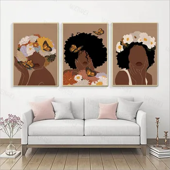 Mados Afrikos Moteris Fonai Galvos Gėlių Drugelis Afro Moterų Black Girl Boho Plakatas Drobės Grožio Sienų Tapyba Nuotraukos
