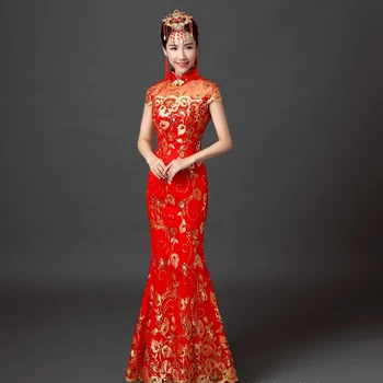 Raudona Vestuves Cheongsam Rytų Vakarinę Suknelę Kinijos Tradicinės Moterų Elegantiškas Qipao Sexy Nėrinių Ilgas Chalatas, Retro Vestido