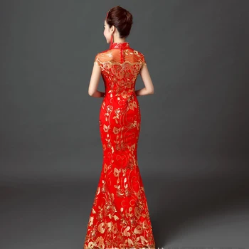 Raudona Vestuves Cheongsam Rytų Vakarinę Suknelę Kinijos Tradicinės Moterų Elegantiškas Qipao Sexy Nėrinių Ilgas Chalatas, Retro Vestido