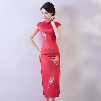Kinijos Nacionalinis Ilgai Cheongsam Moterų Šilko Suknelė Dydis: S-3XL