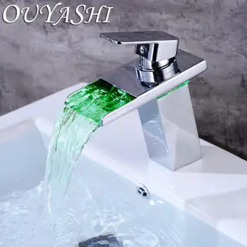 OUYASHI vonios baseino vandens maišytuvas bakstelėkite LED šviesos kabinoje sumontuoti vienu rankena vieną skylę šiuolaikinės krioklys