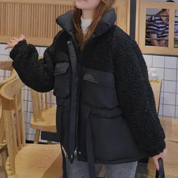 Žiemos Naujas Ėriukų Plaukų Susiuvimo Medvilnės Kostiumas Korėjos Versija Prarasti Juosmens Kaklaraištis Mados Kailio Striukė Tirštėti Moterų Outwear