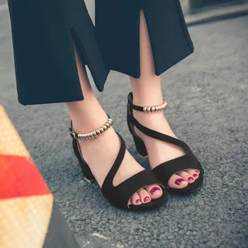 Negabaritinių aukštakulniai sandalai moterims bateliai moteris vasarą ponios Suede Žuvies Burną su Word Press Metalo Apdaila