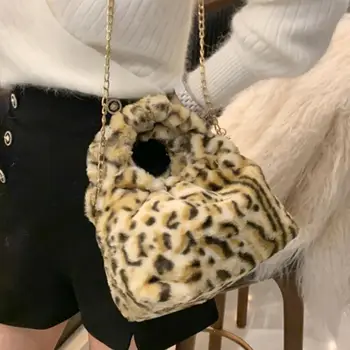 2021 Žiemos Nauja Seksuali Leopard Mažas Nešti Maišą Aukštos kokybės Minkštas Pliušinis Moterų Dizaineris Rankinės Grandinės Petį Krepšys