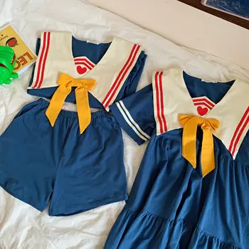 Saldus Japonų Vasaros Sailor Apykaklės Lankas Tracksuit Mielas Sudurti Pižama Namų Kawaii Princesė Marškinėliai Prarasti Animacinių Filmų Dviejų Dalių Kostiumas