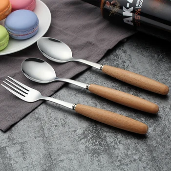Nerūdijančio plieno vakarienė peilis ir šakutė nustatyti, stalo įrankiai, stalo reikmenys, medienos vertus kepsnys sūrio sviesto peilis įvairių šaukštai ir šakutės
