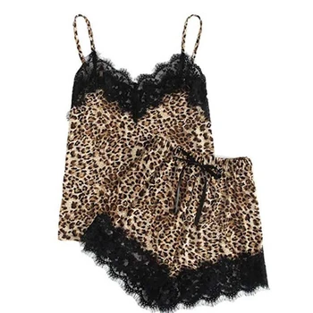 Seksualus Apatinis Trikotažas Moterims, Šilko, Nėrinių Atsitiktinis Palaidų Leopard Rankovių Camisole Pajama Komplektai Sleepwear Vasaros Drabužių