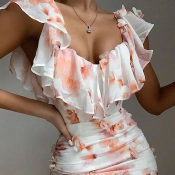 2020 karšto pardavimo mados seksualus šifono suknelė beach vacation Spausdinti suknelė su gėlių modelio Žodis apykaklės Stora seksualus maišelį klubo suknelė
