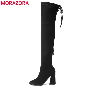 MORAZORA 2020 Naujas Aukščiausios kokybės Ilgi batai moterims pulko odos aukštakulniais batai aukštakulniai nėrinių rudenį, žiemą per kelius siekiantys batai