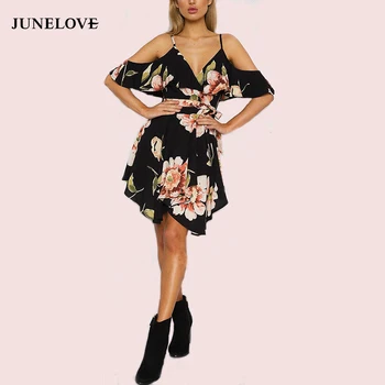 JuneLove 2019 m. vasarą spageti dirželis moterų suknelė gėlių spausdinti pelenų ponios vestidos-line v-kaklo moteriška suknelė