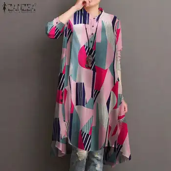 ZANZEA Rudenį Ilgi Marškiniai, Elegantiškas Moterų Spausdinti Palaidinė Atsitiktinis ilgomis Rankovėmis Blusas Moterų Mygtuką Viršūnes Plius Dydis Nesimetriškas Viršūnės