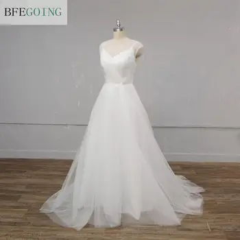 Baltas Tiulis Duobute Nuotakos suknelė Scoop Grindų ilgis Vestuvių suknelė Teismas Traukinio Užsakymą