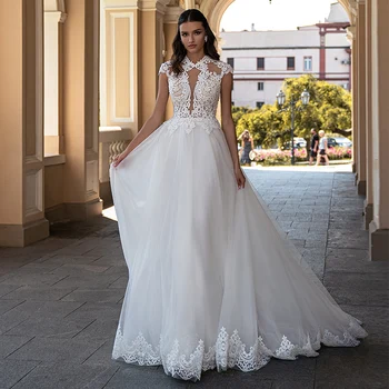 Modeset Tiulio-line Nuotakos Suknelė 2021 Aukštos Kokybės O-Kaklo Bžūp Rankovėmis Nėrinių Appliques Teismas Traukinio Vestuvių Suknelės