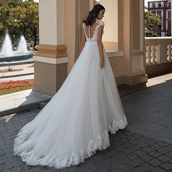 Modeset Tiulio-line Nuotakos Suknelė 2021 Aukštos Kokybės O-Kaklo Bžūp Rankovėmis Nėrinių Appliques Teismas Traukinio Vestuvių Suknelės