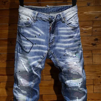 Italijos originalus džinsai dsq stiprus dėvėti skylę užlopyti dažų dot hip-hop slim fit elastinės kelnės vidurio juosmens minkštųjų kelių spalvų
