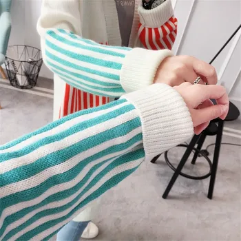 2017 Moterų Rudens ir Žiemos Paltai ilgomis Rankovėmis Spalvinga Dryžuotas Megztiniai susagstomi megztiniai Moterų Moteris, Berniukas Draugui Stiliaus Megztiniai