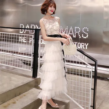 Vakaro Dress O-kaklo Naujas Blizgančiais Pakopų-line Kulkšnies ilgio Plius Dydis Individualų Šampano Oficialią Suknelės 2020 R1518 Vestidos